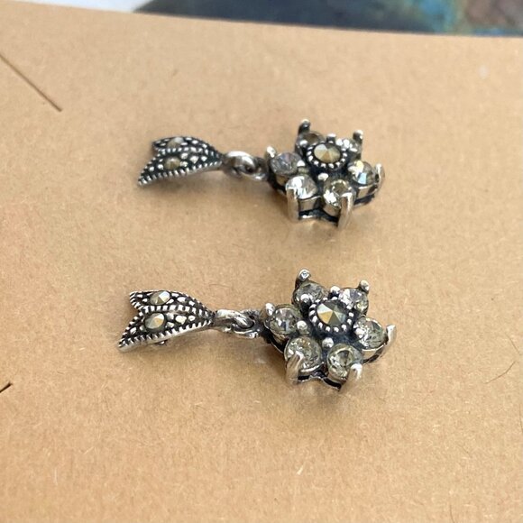 Sterling Silver 925 Cubic Zirconia & Marcasite Flower Dangle Stud Earrings - Picture 6 of 16